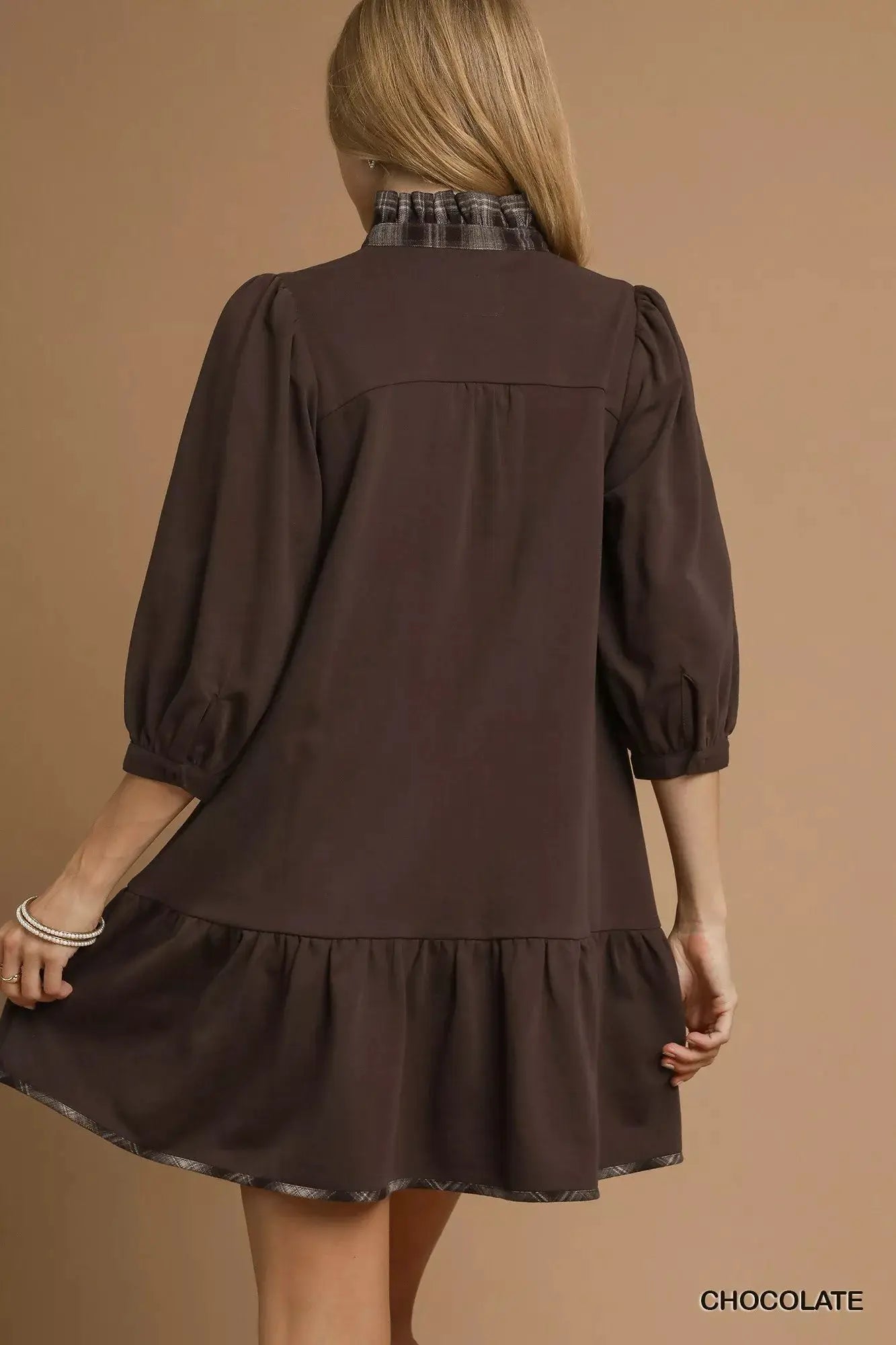 French Terry Ruffle Hem Dress with Plaid Trim | Umgee by Trendsi