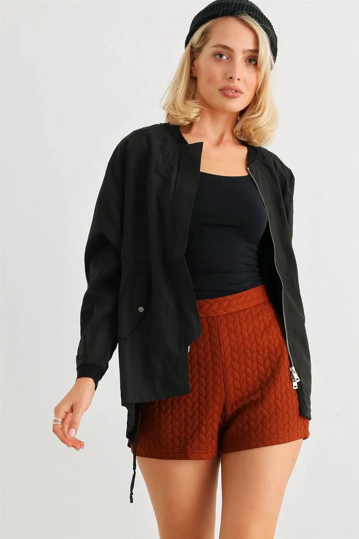 Black Two-Way Zipper Drawstring Waist & Hem Coach Jacket by YC COLLECTIONS