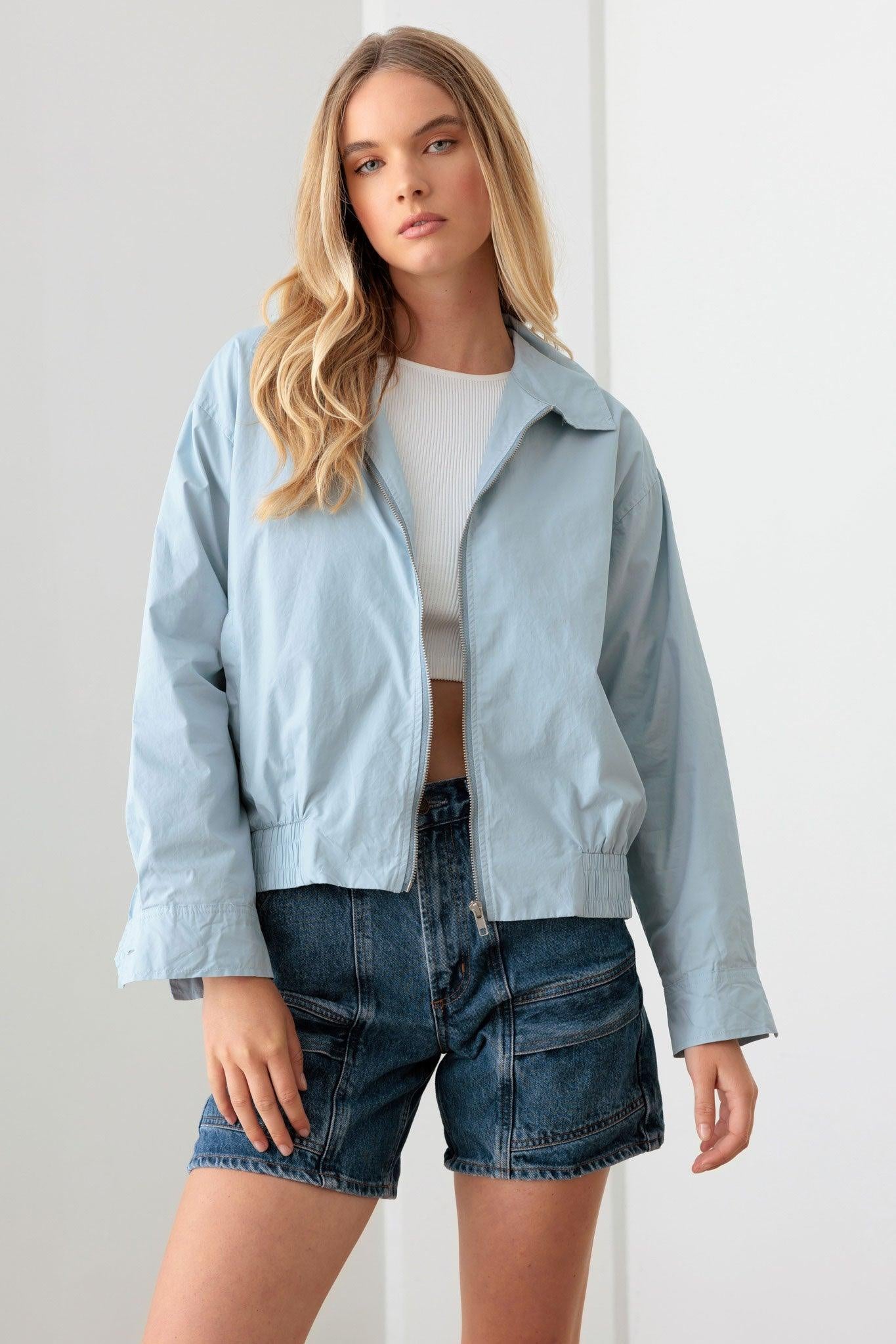 Baby Blue 100% Cotton Zip Up Collared Boxy Jacket Front View