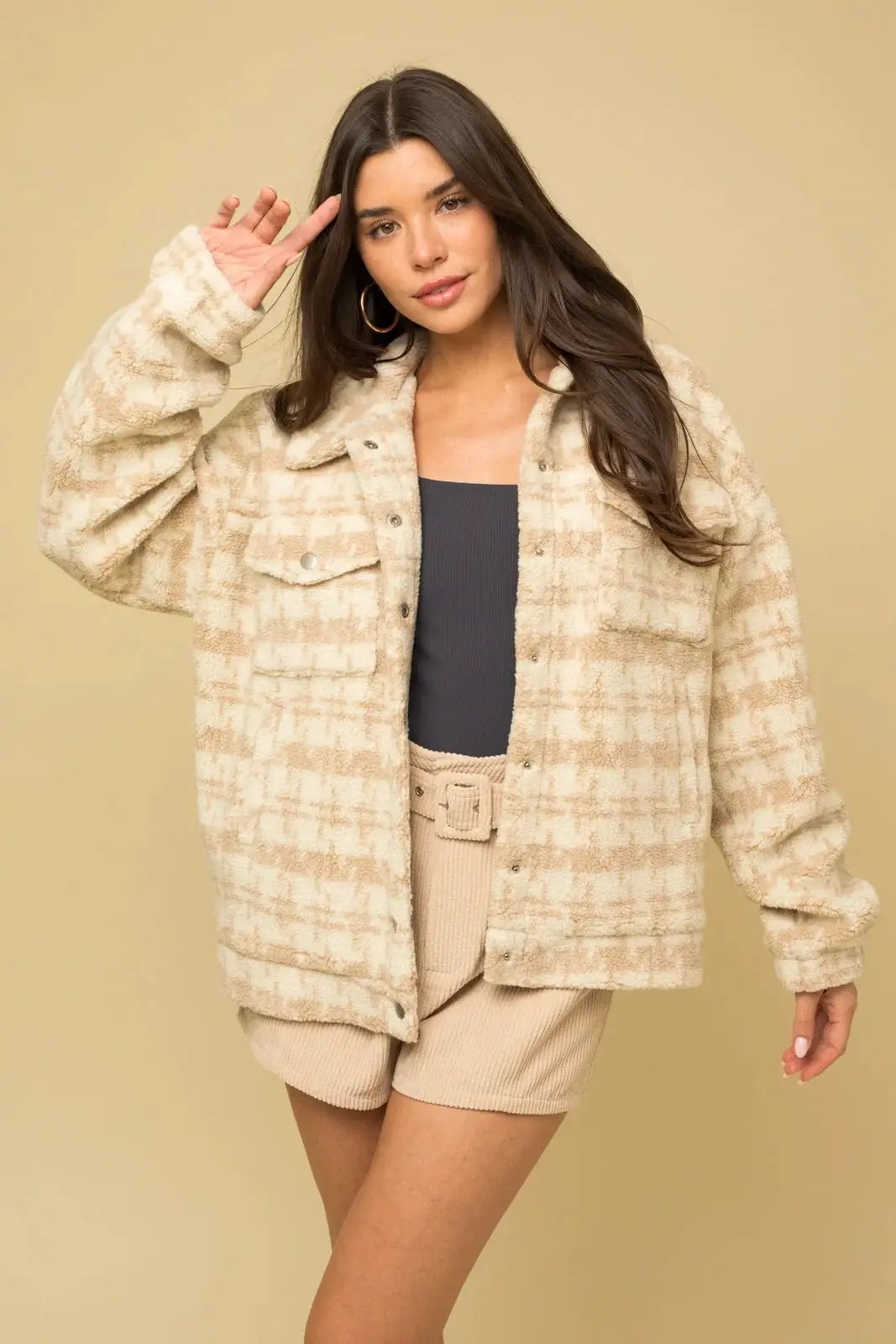 Cozy Plaid Houndstooth Oversized Shacket Jacket by YC COLLECTIONS