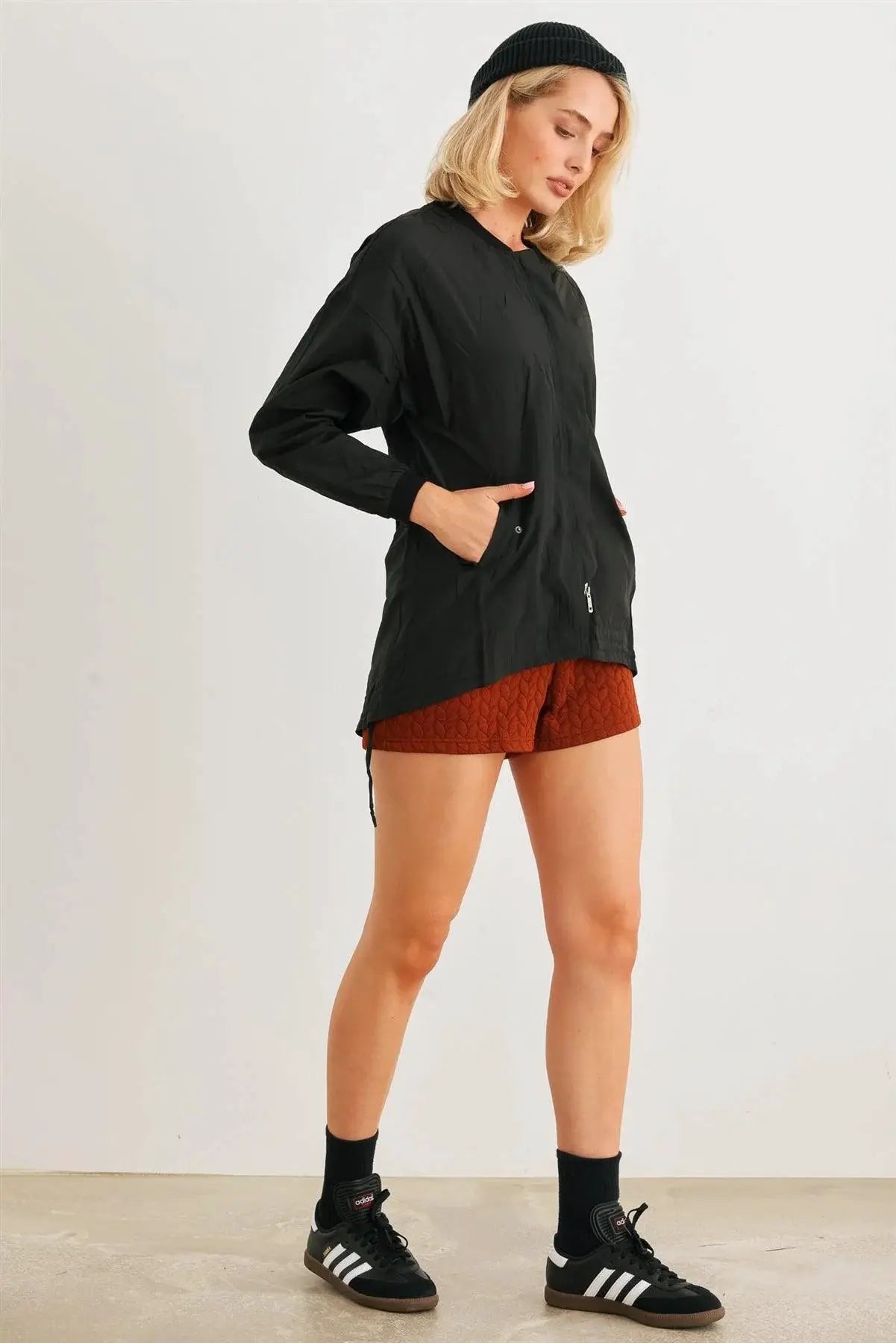 Black Two-Way Zipper Drawstring Waist & Hem Coach Jacket by YC COLLECTIONS