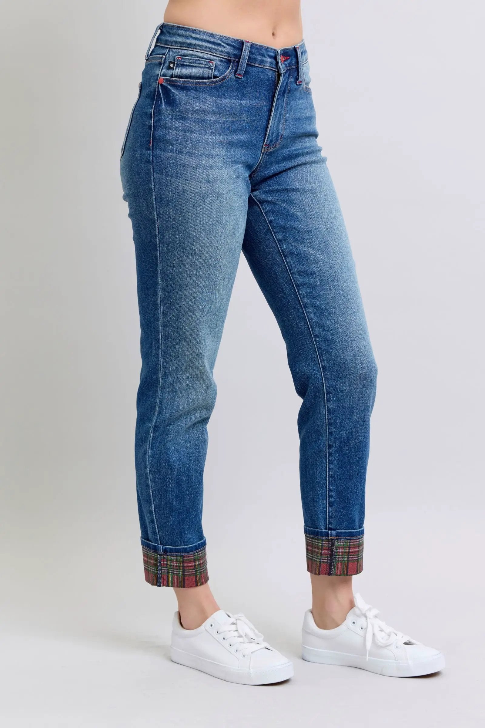 Full Size Plaid Print Cuff Straight Leg Jeans with Pockets | Judy Blue by Trendsi