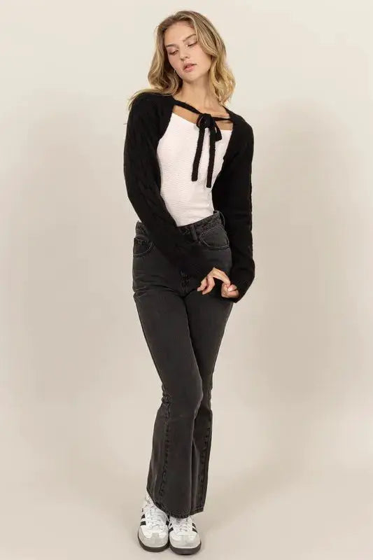Cable-Knit Tie-Front Shrug | HYFVE by Trendsi