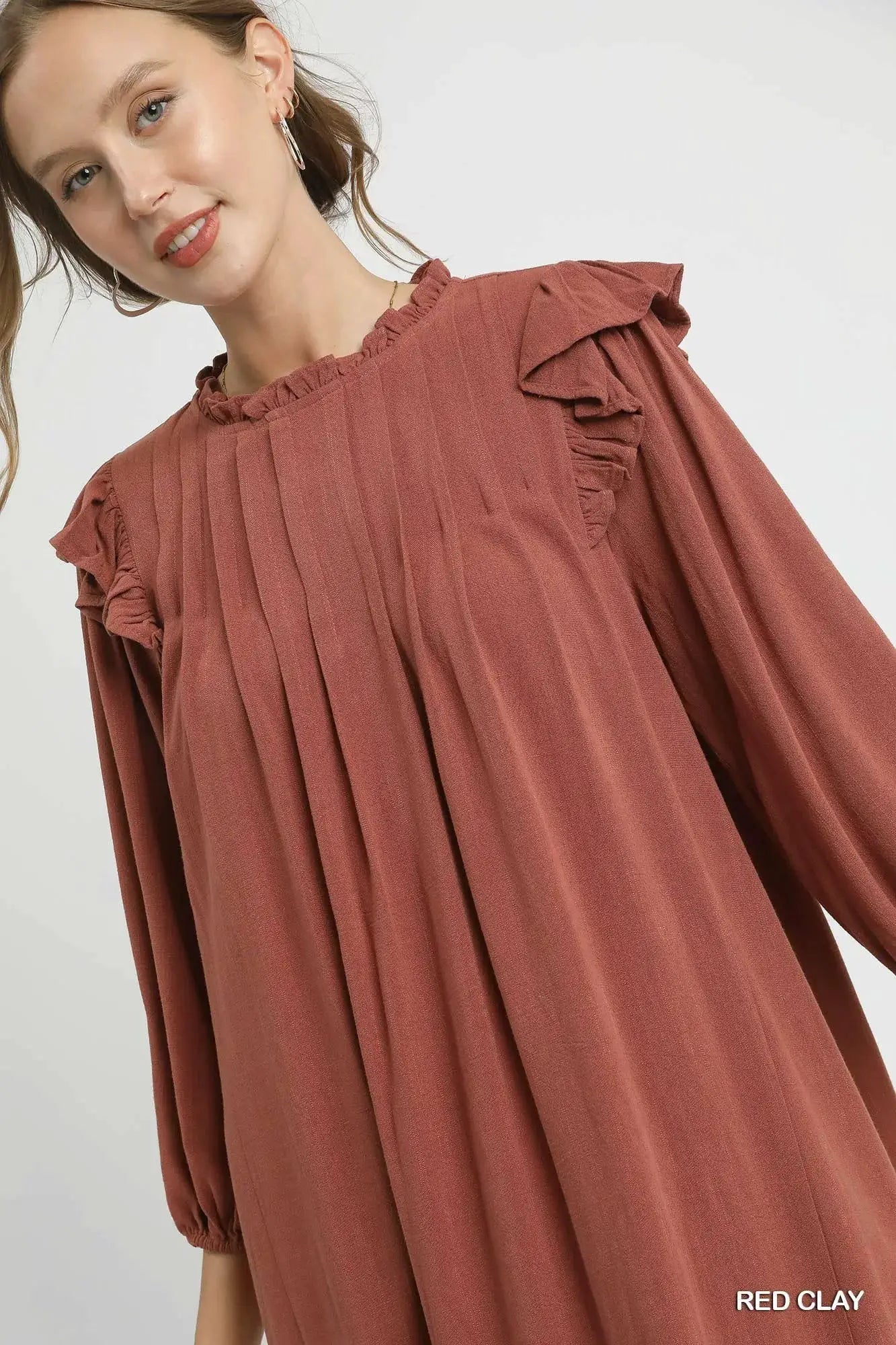 Linen Ruffle Shoulder Pleated Babydoll Dress | Umgee by Trendsi