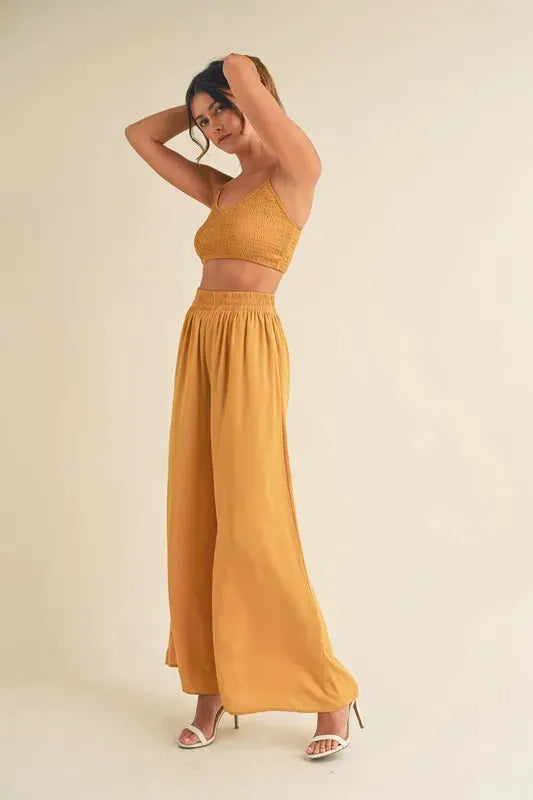 Smocked Bralette Crop Top & Wide-Leg Pants Set | MABLE by Trendsi