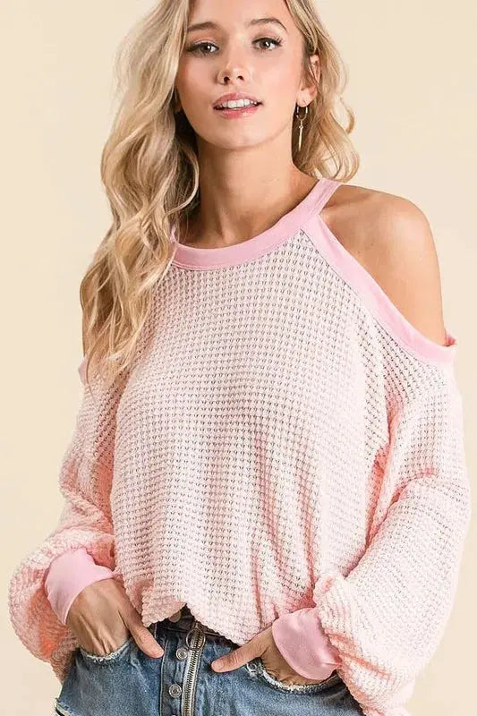 Popcorn Waffle Top with Cold Shoulder Detail | BiBi by Trendsi