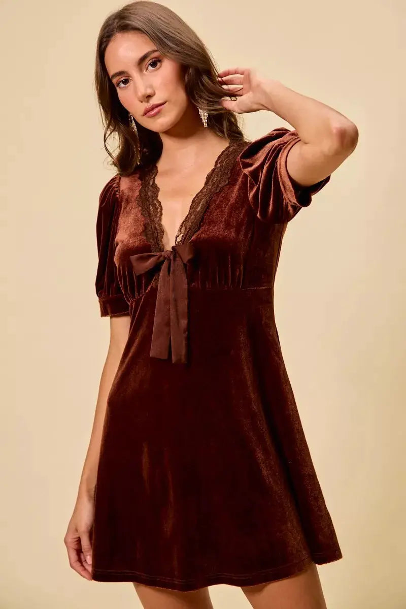 SO ME Velvet Short Sleeves Mini Dress by Trendsi