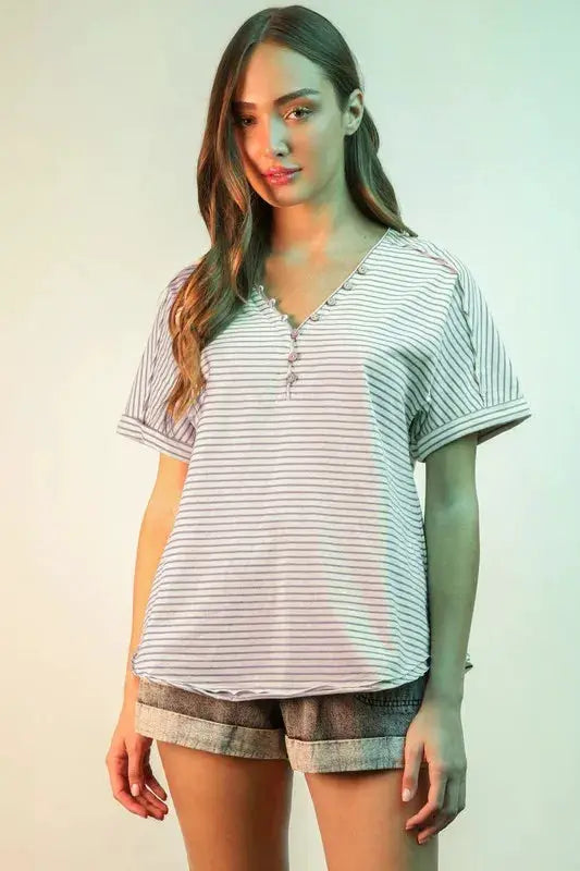 Striped V-Neck Short Sleeve T-Shirt | VERY J by Trendsi
