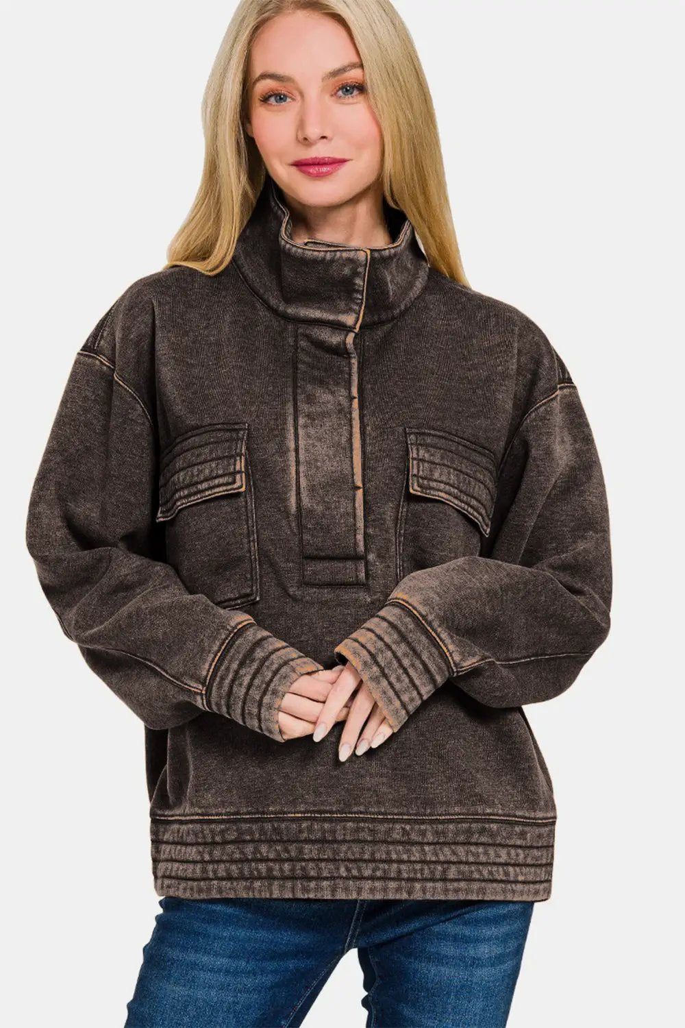 Acid Washed Half Snap Fleece Sweatshirt | Zenana by Trendsi