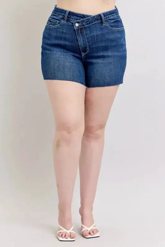 Full Size High Waist Criss-Cross Waistband Denim Shorts Plus | Judy Blue by Trendsi