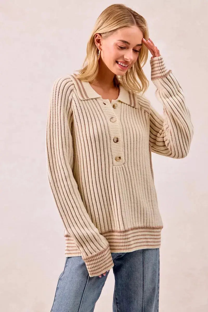 Half Button Ribbed Two Tone Sweater | BiBi by Trendsi