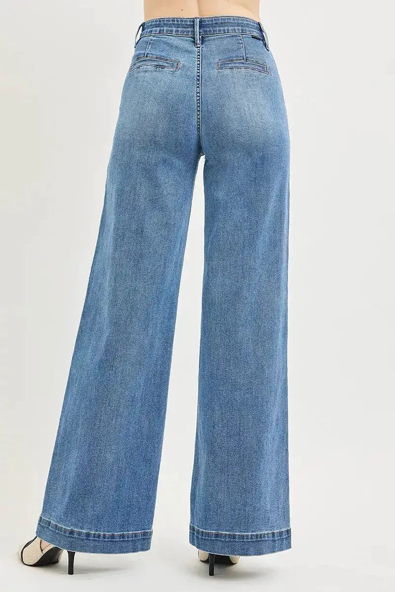 Tummy Control Elastic Band High Rise Wide Jeans | RISEN by Trendsi
