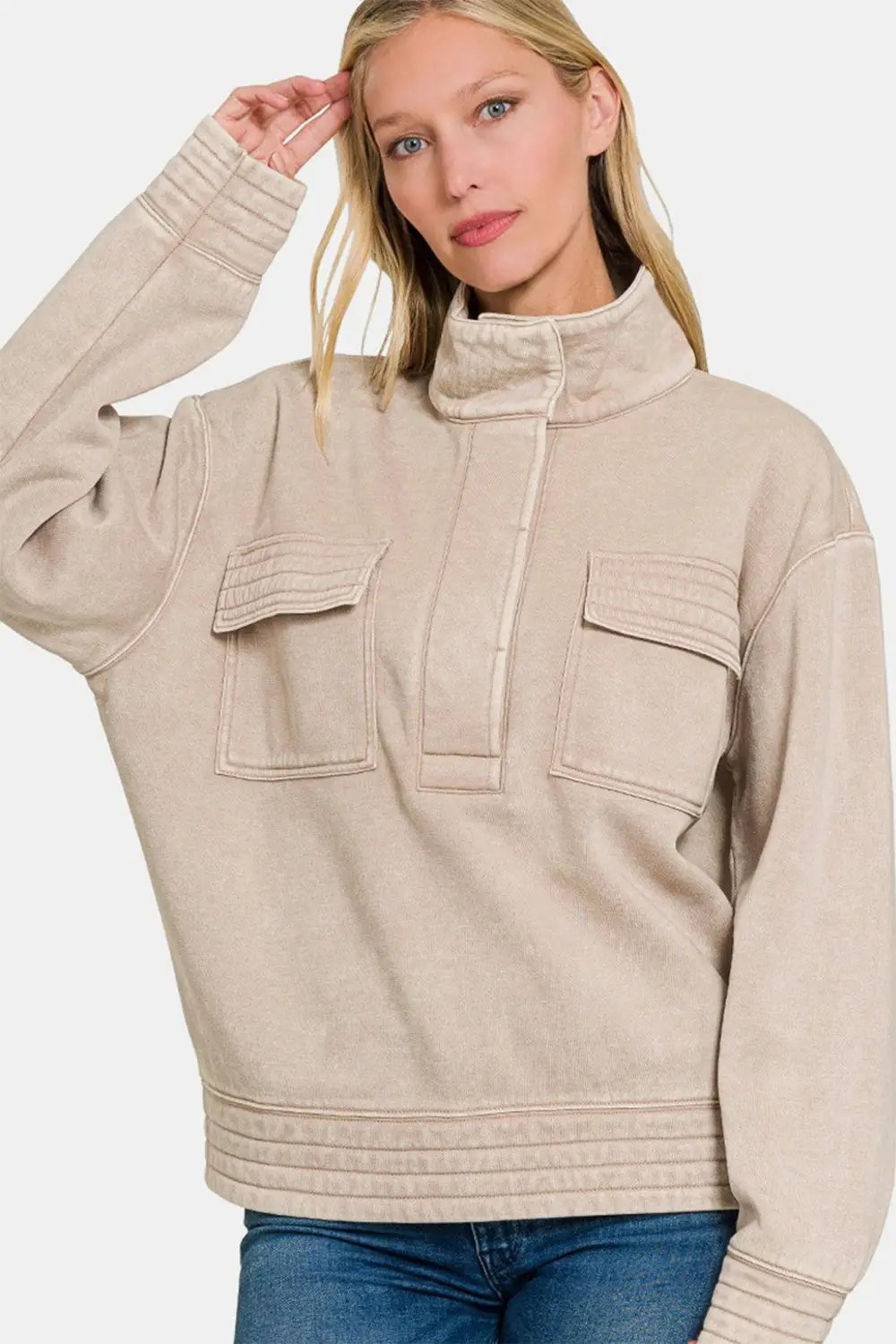 Acid Washed Half Snap Fleece Sweatshirt | Zenana by Trendsi