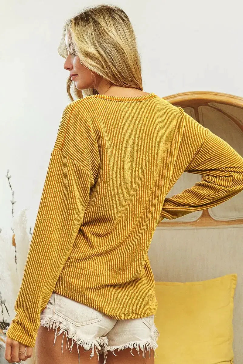 Wavy Two Tone Rib Notch Neck Patch Pocket Top | BiBi by Trendsi