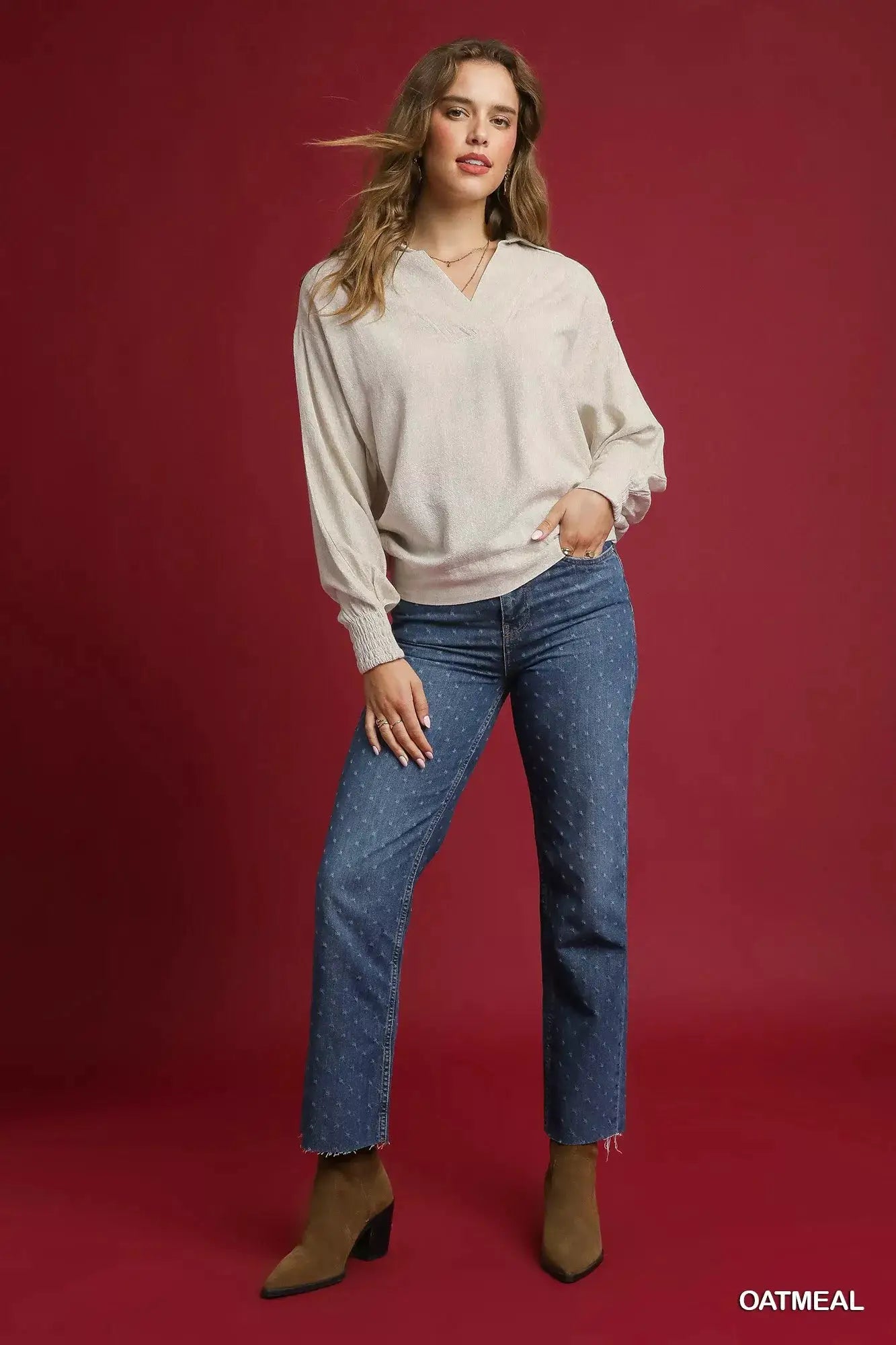 Linen Long Sleeves Elastic Hem Blouse | Umgee by Trendsi