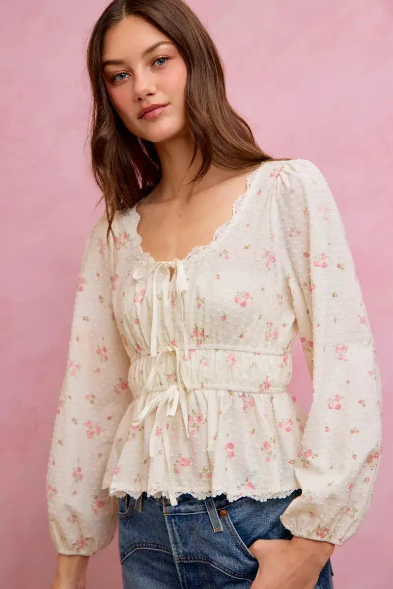 SO ME Floral Clip Dot Lace Trim Ruched Bodice Blouse by Trendsi