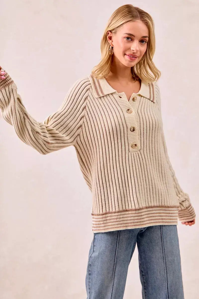Half Button Ribbed Two Tone Sweater | BiBi by Trendsi