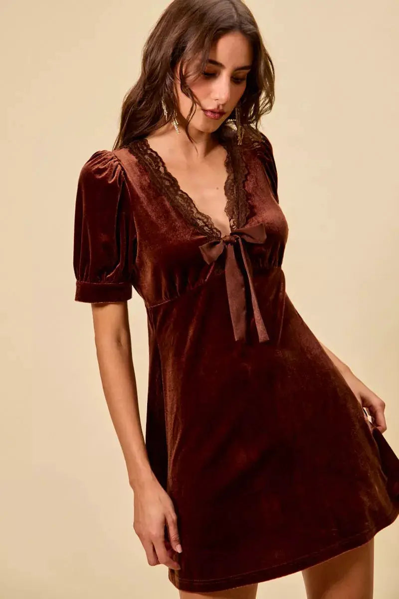 SO ME Velvet Short Sleeves Mini Dress by Trendsi
