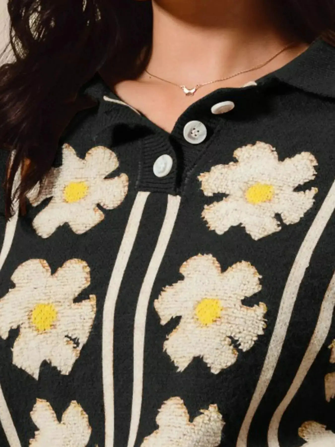 Floral Stripe Polo Collar Sweater | SO ME by Trendsi