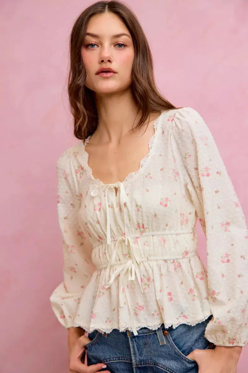 SO ME Floral Clip Dot Lace Trim Ruched Bodice Blouse by Trendsi