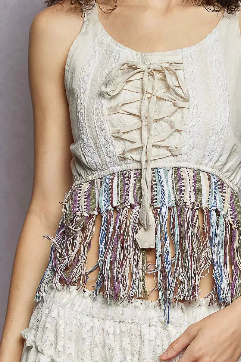 Lace-Up Fringe Hem Tank with Lace Detail | POL by Trendsi