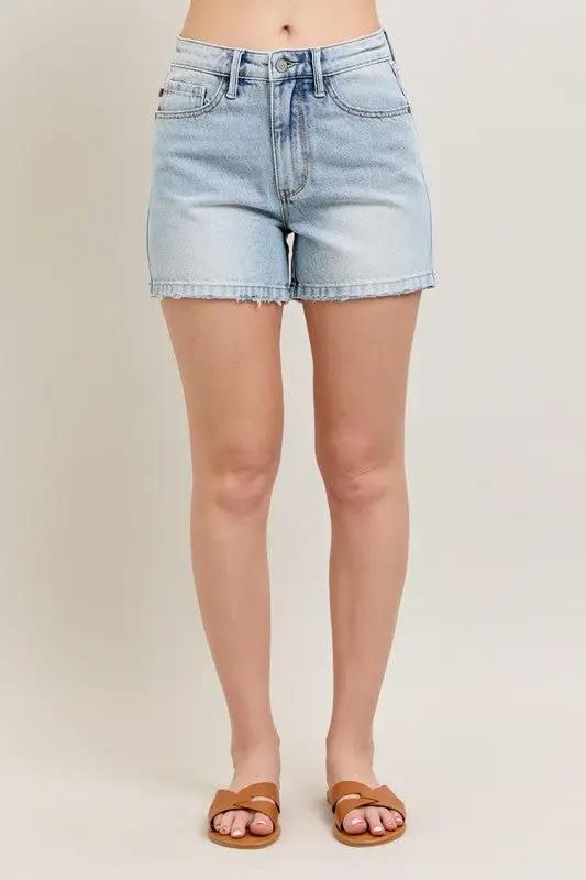 Full Size Frayed Hem High Rise Denim Shorts with Pockets Plus Size | Judy Blue by Trendsi