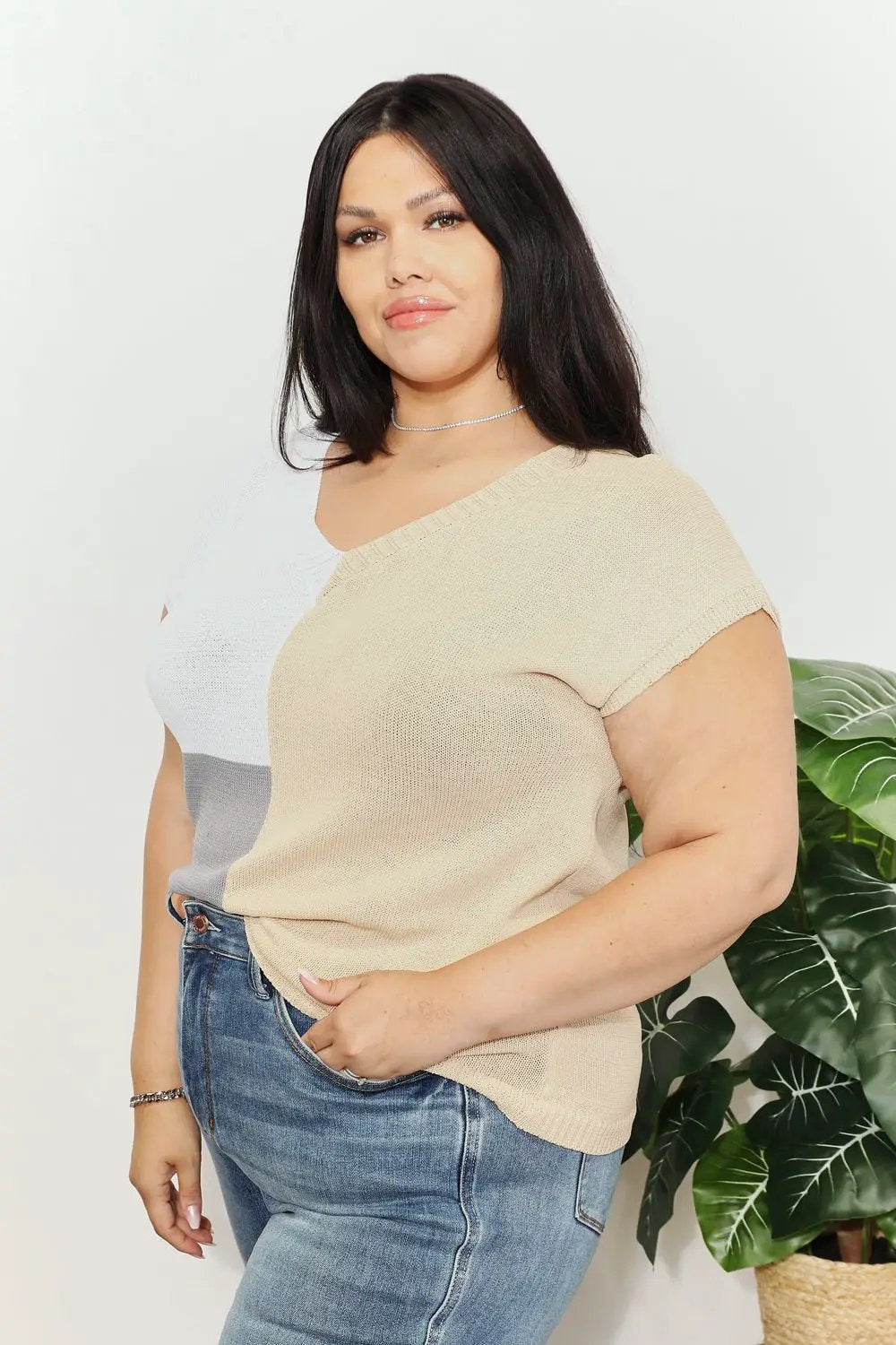 Color Block V-Neck Knit Top by Trendsi
