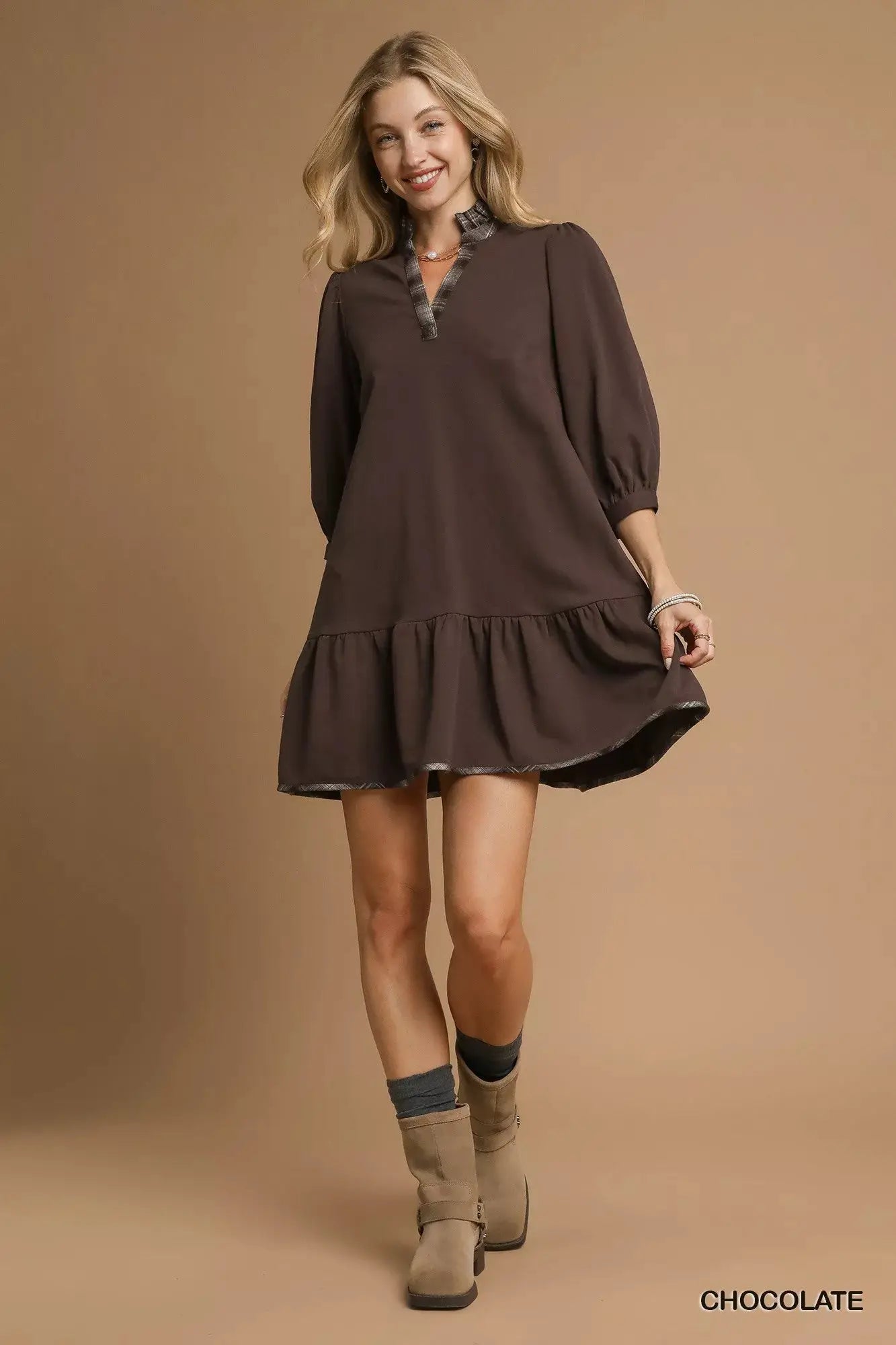 French Terry Ruffle Hem Dress with Plaid Trim | Umgee by Trendsi