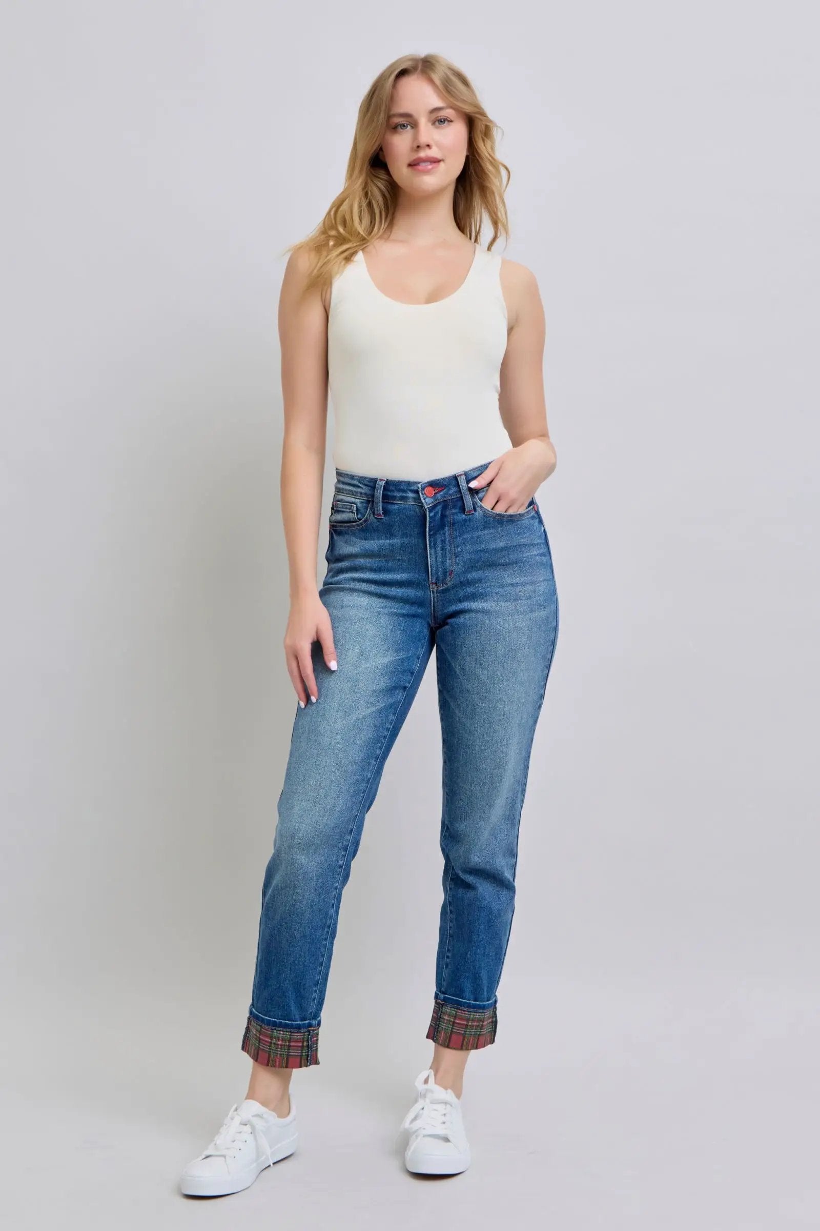 Full Size Plaid Print Cuff Straight Leg Jeans with Pockets | Judy Blue by Trendsi