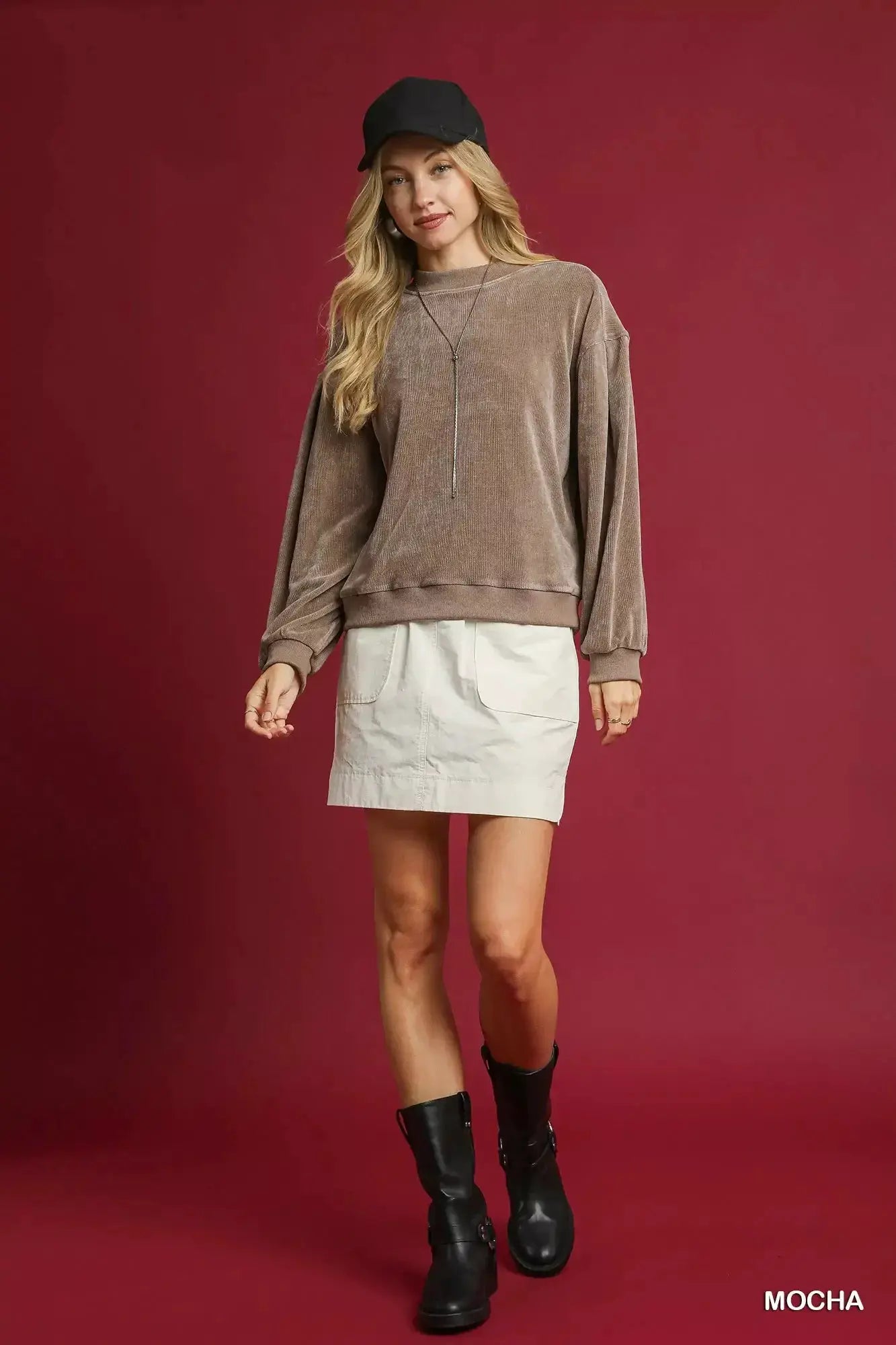 Velour Crewneck Balloon Sleeve Sweatshirt | Umgee by Trendsi