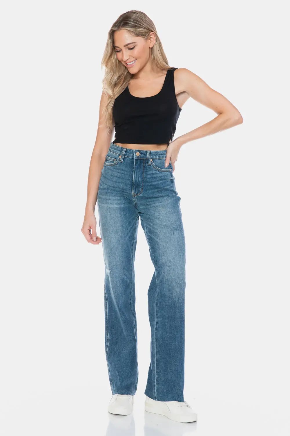 Full Size Tummy Control Cut Raw Hem Straight Jeans | Judy Blue by Trendsi
