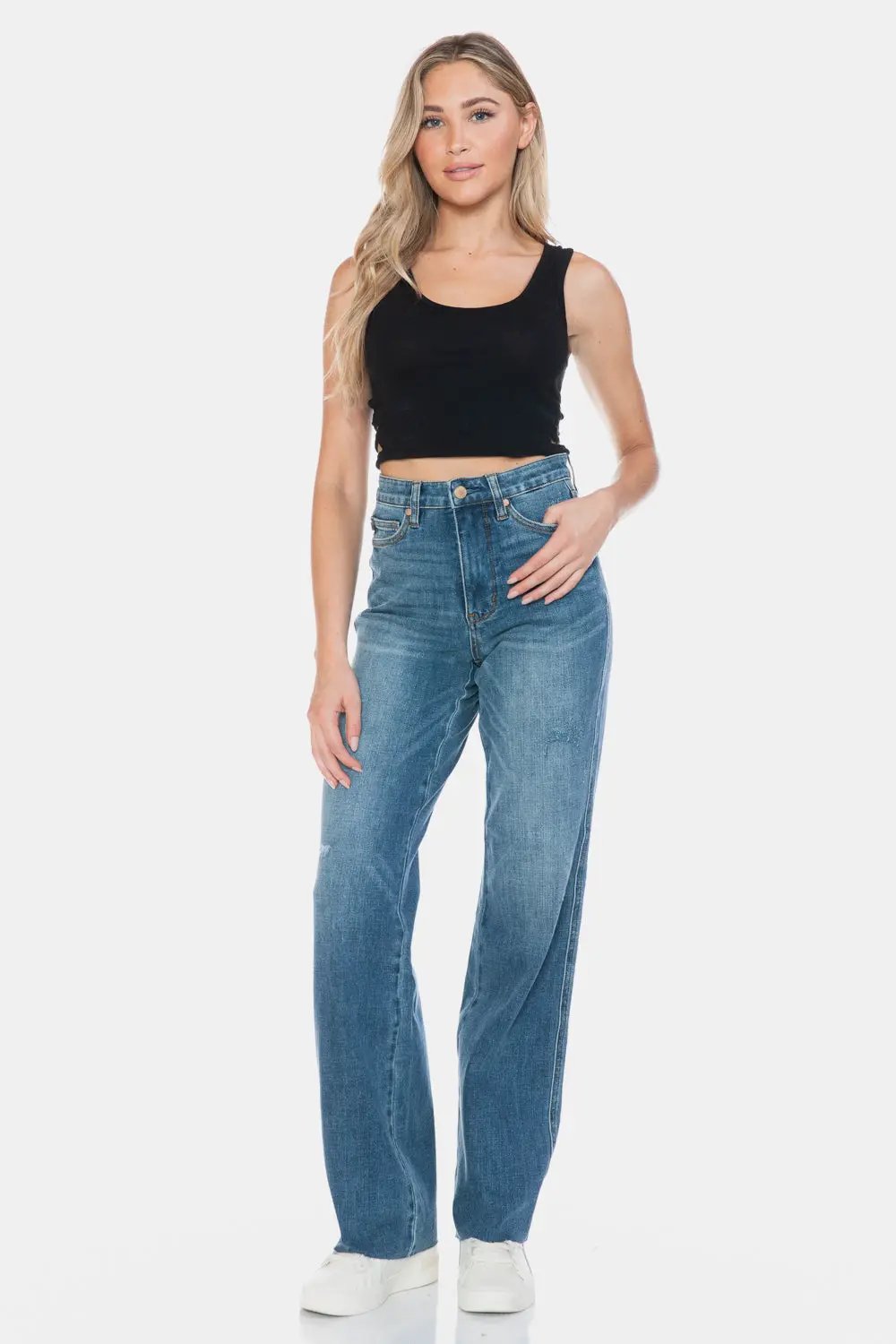 Full Size Tummy Control Cut Raw Hem Straight Jeans | Judy Blue by Trendsi