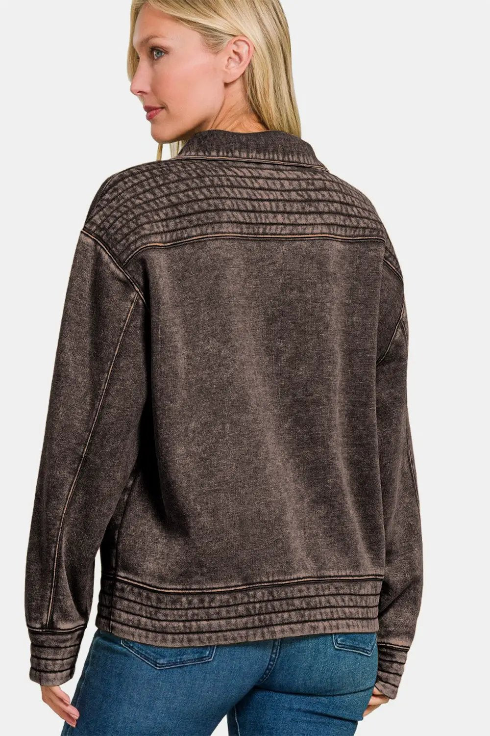 Acid Washed Half Snap Fleece Sweatshirt | Zenana by Trendsi