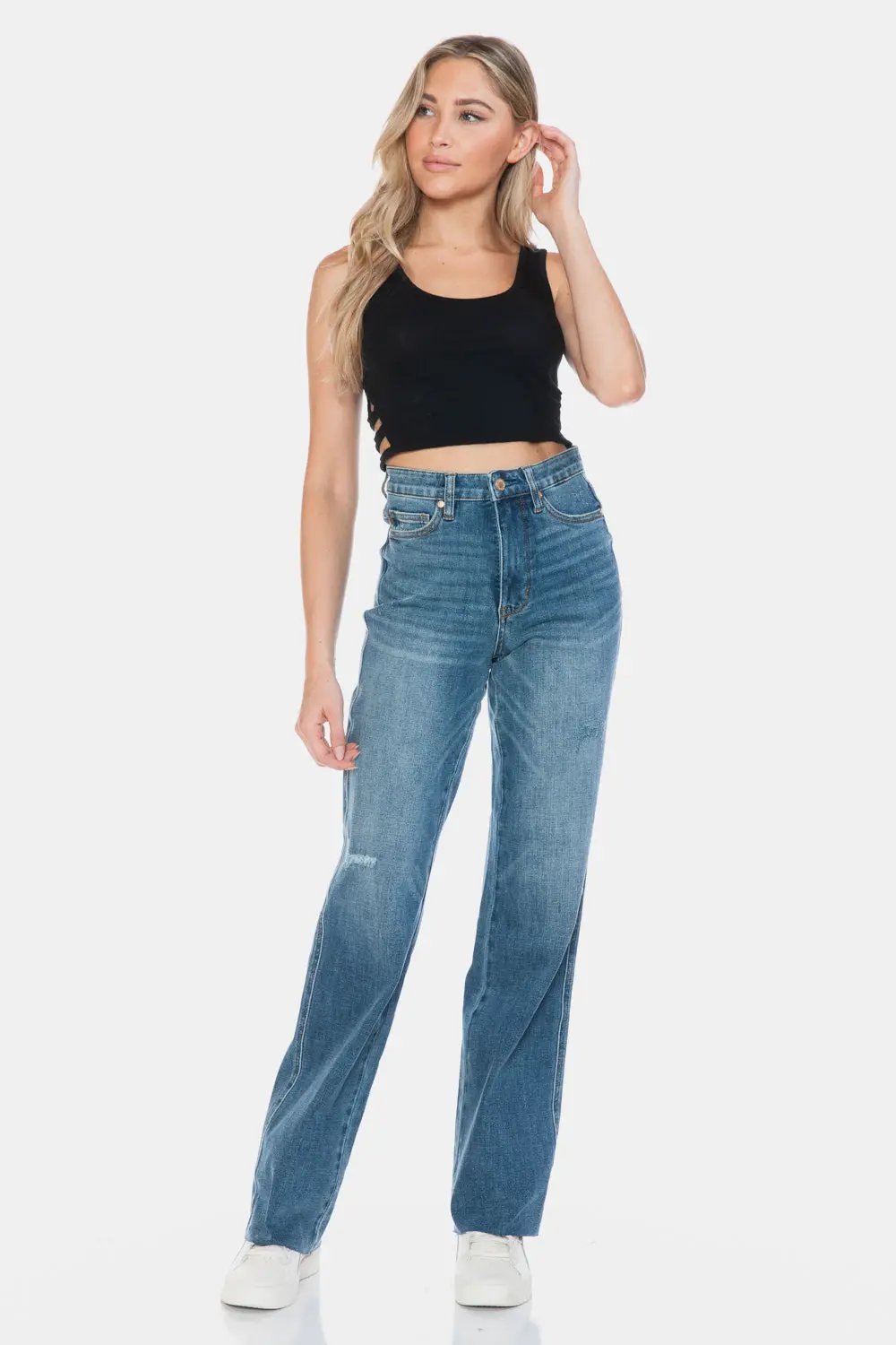 Full Size Tummy Control Cut Raw Hem Straight Jeans | Judy Blue by Trendsi