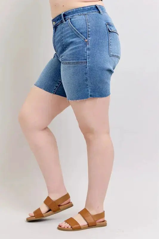 Full Size Mid Rise Bermudas Denim Shorts W/ Back Flap Pockets Plus | Judy Blue by Trendsi