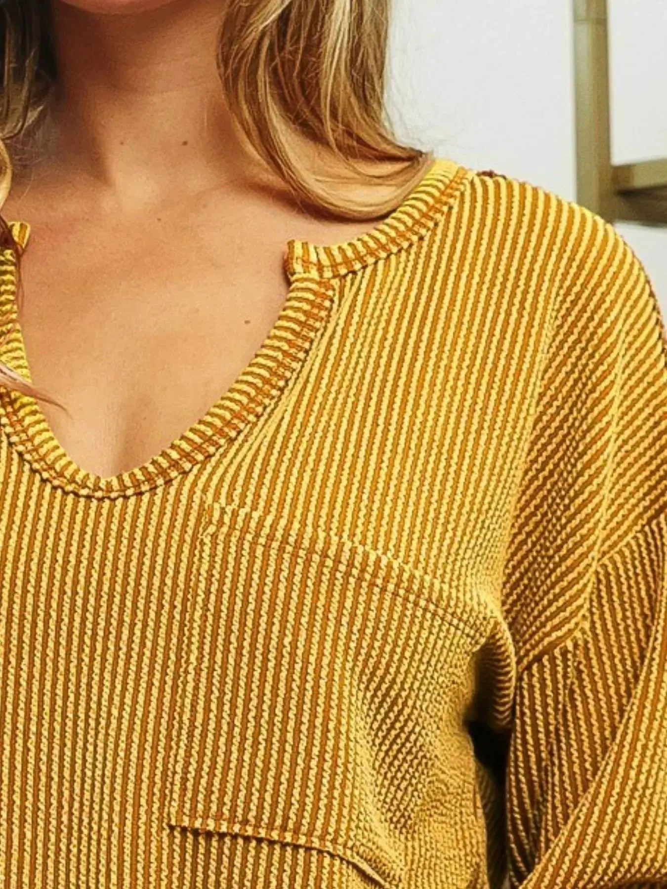 Wavy Two Tone Rib Notch Neck Patch Pocket Top | BiBi by Trendsi