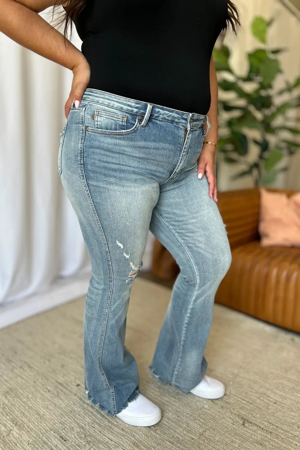 Medium Rise Tummy Control Destroy Flare Jeans | Judy Blue by Trendsi