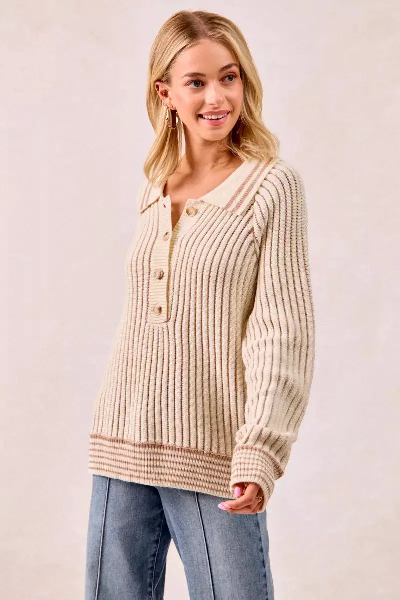 Half Button Ribbed Two Tone Sweater | BiBi by Trendsi
