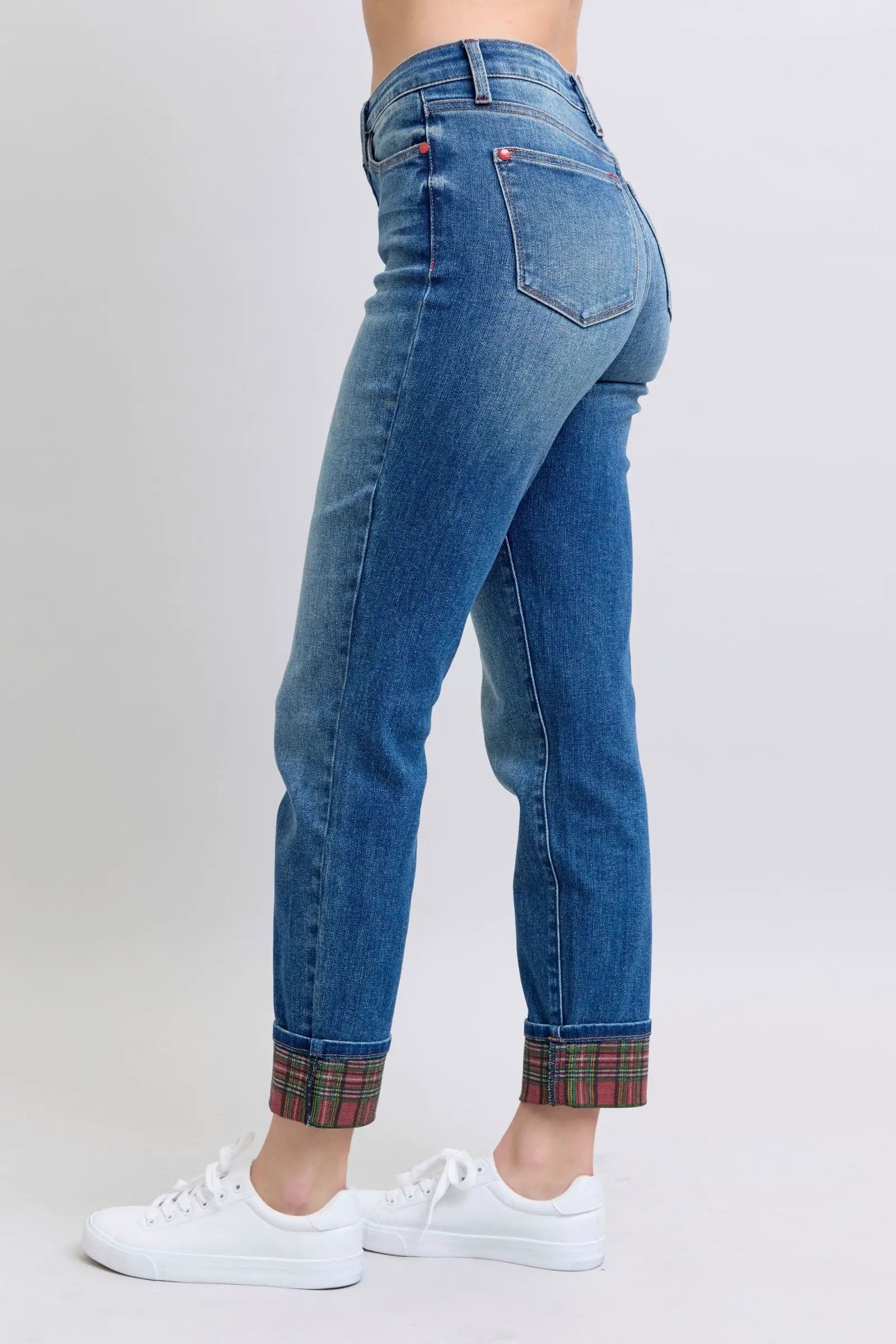 Full Size Plaid Print Cuff Straight Leg Jeans with Pockets | Judy Blue by Trendsi