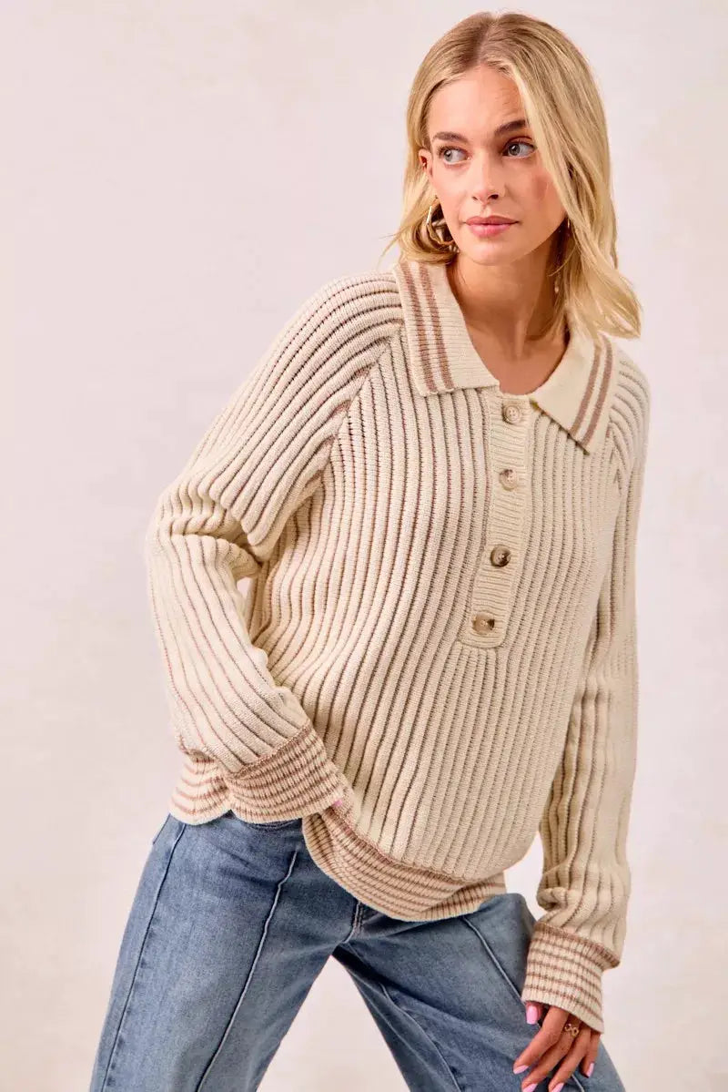 Half Button Ribbed Two Tone Sweater | BiBi by Trendsi