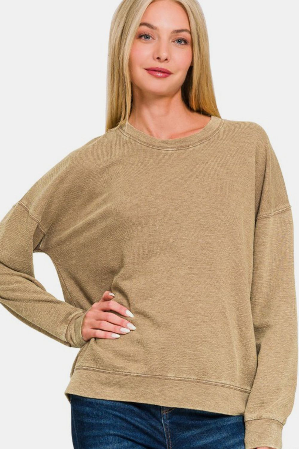 Washed Round Neck Dropped Shoulder Sweatshirt | Zenana