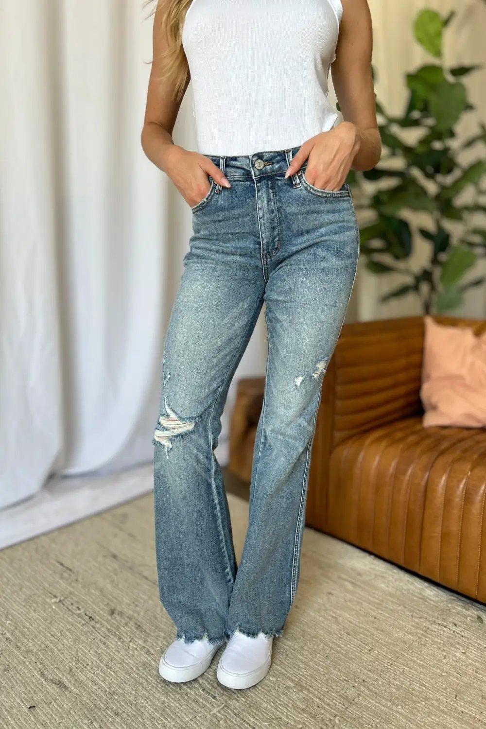 Medium Rise Tummy Control Destroy Flare Jeans | Judy Blue by Trendsi