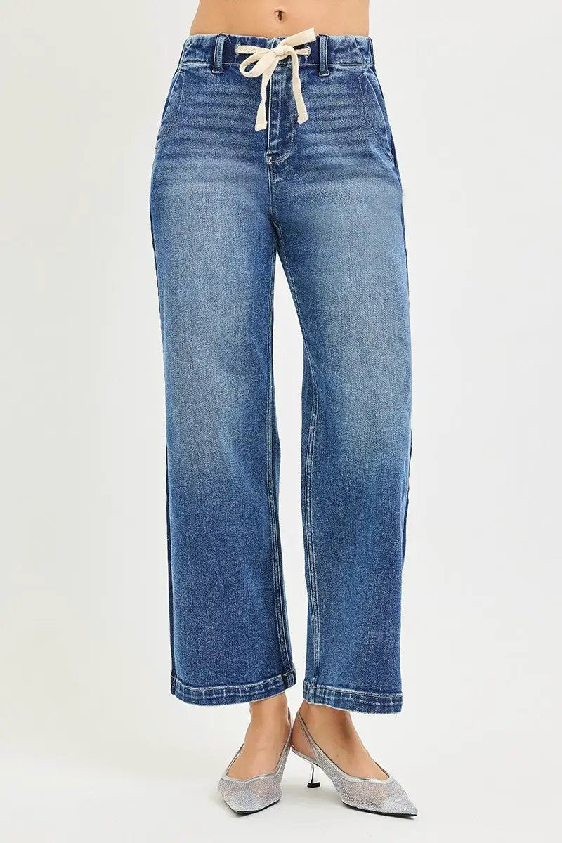 Elastic Band High Rise Cropped Wide Jeans | RISEN by Trendsi