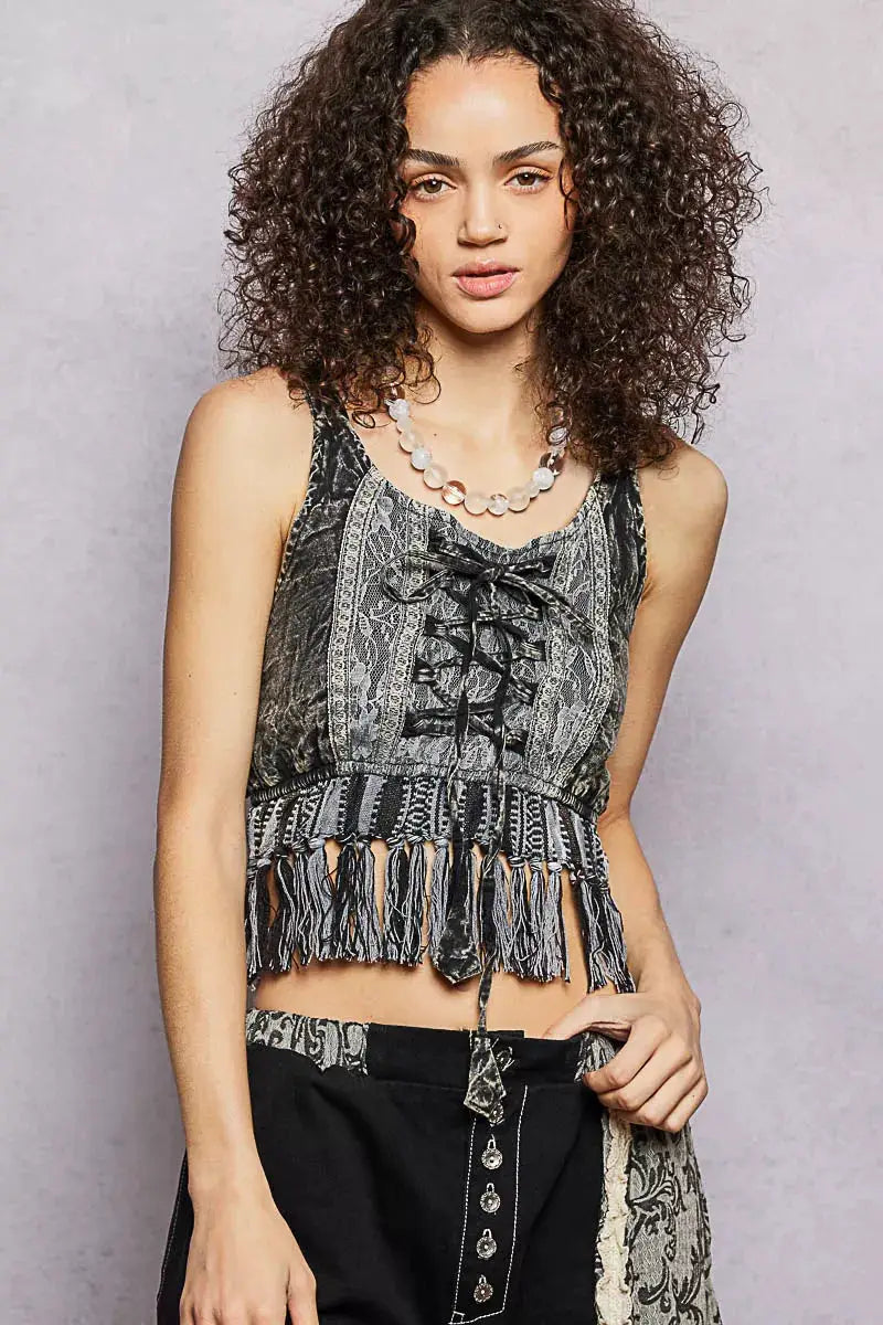 POL Lace-Up Fringe Hem Tank with Lace Detail by Trendsi