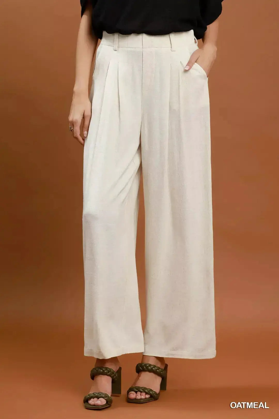 Umgee High Waist Linen Blend Wide Leg Trousers by Trendsi