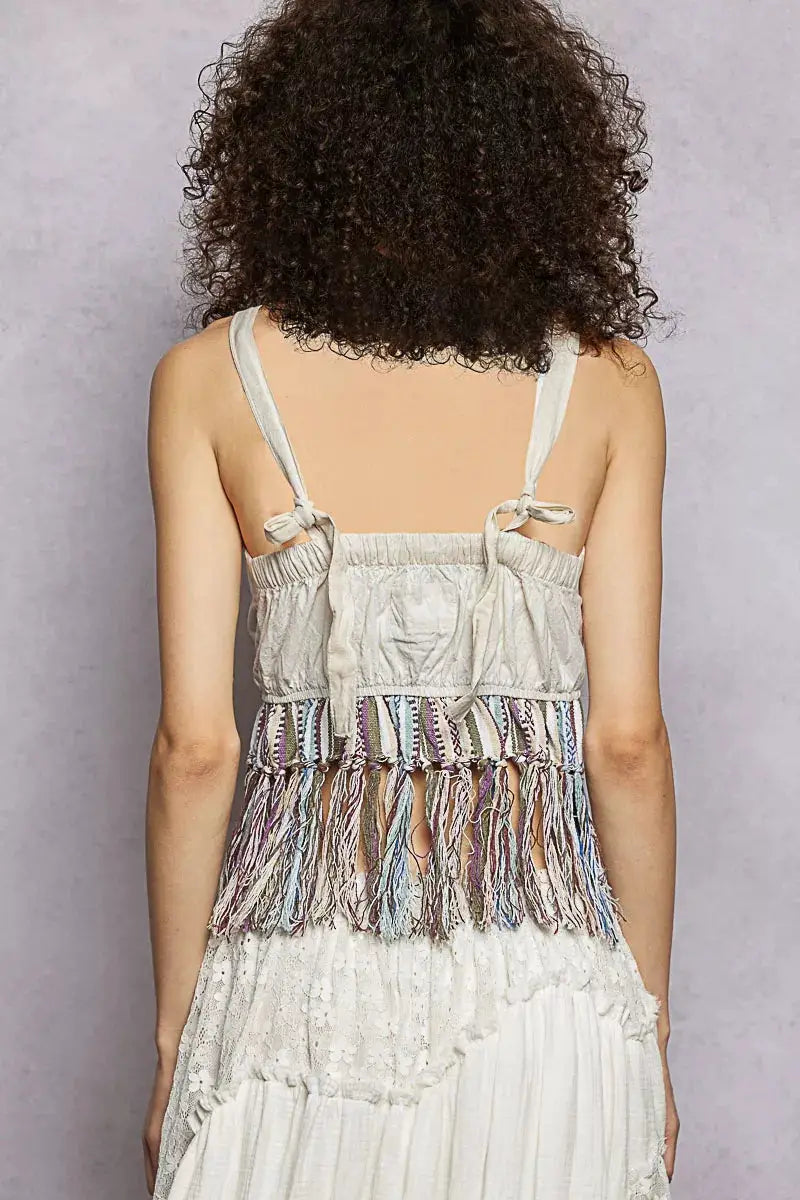 Lace-Up Fringe Hem Tank with Lace Detail | POL by Trendsi