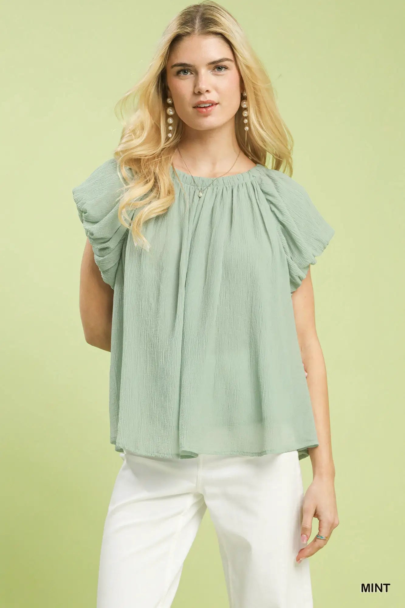 Crinkle Flutter Sleeve Peasant Top | Umgee by Trendsi