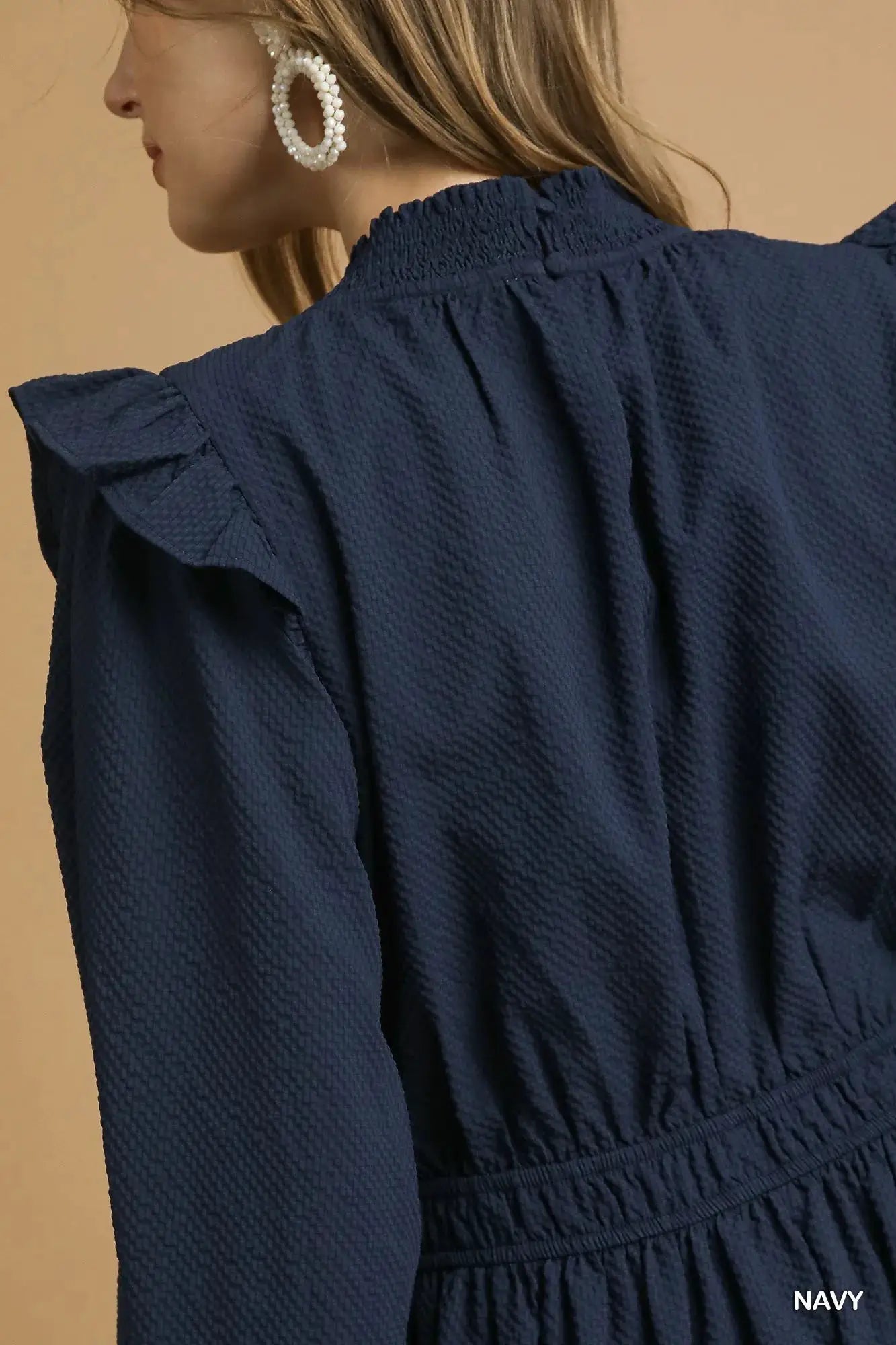 Textured Midi Dress with Ruffle Shoulder Detail | Umgee by Trendsi