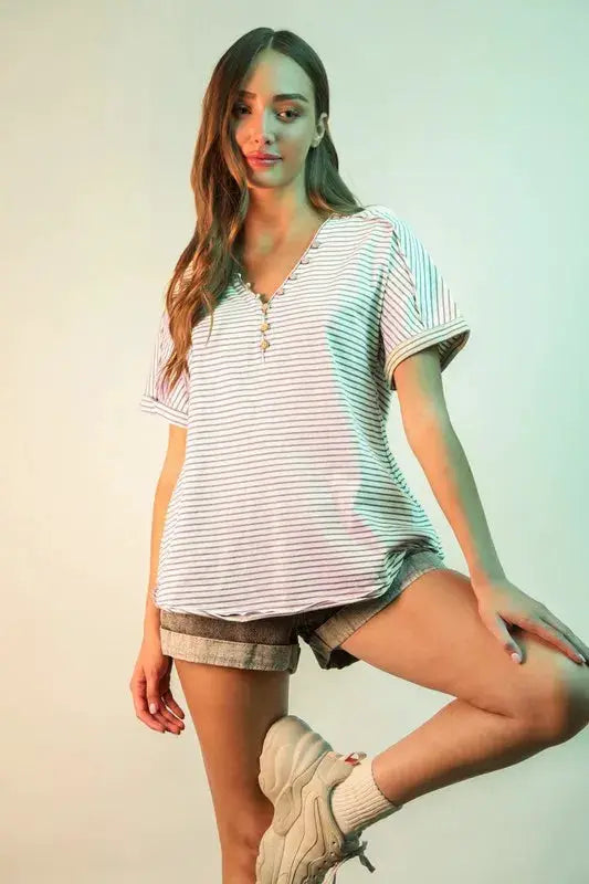Striped V-Neck Short Sleeve T-Shirt | VERY J by Trendsi