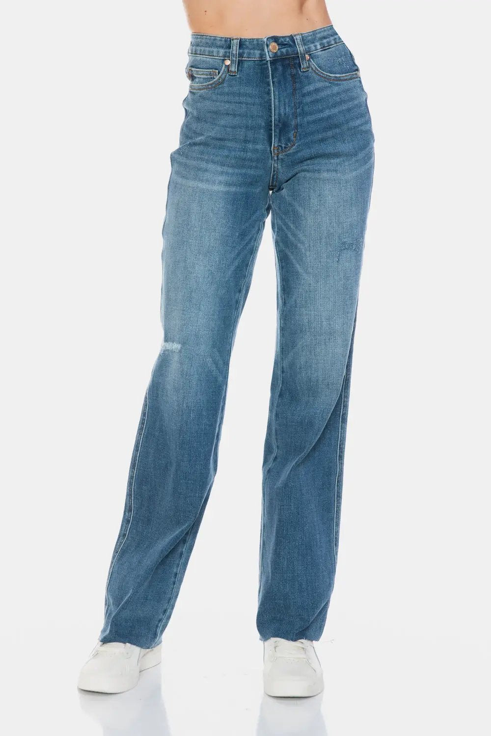 Full Size Tummy Control Cut Raw Hem Straight Jeans | Judy Blue by Trendsi